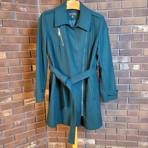 Dana Buchman forest green side zip belted pinafore front felt peacoat